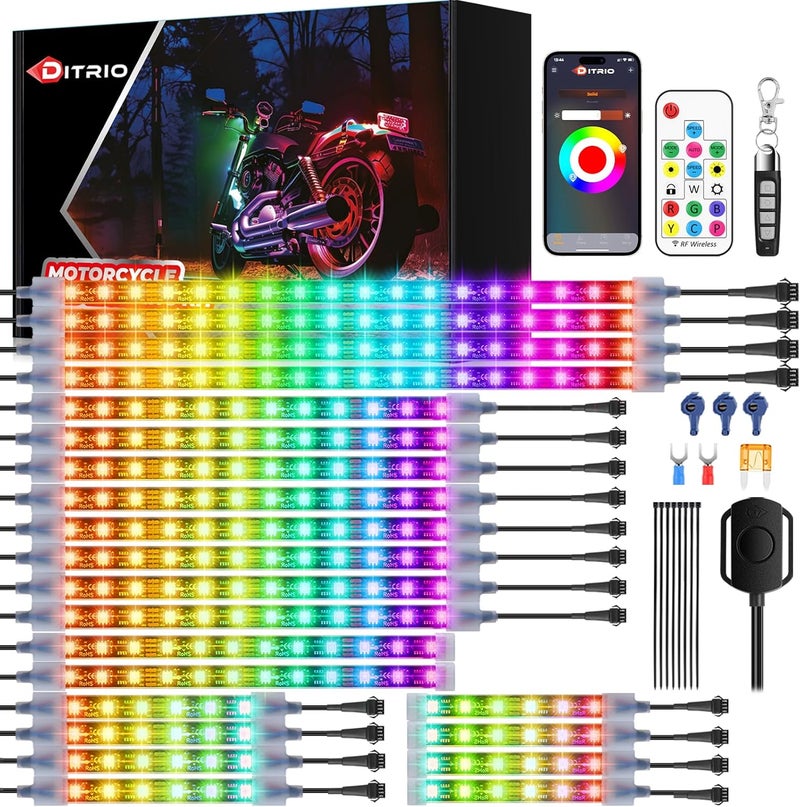 DITRIO 22Pcs Motorcycle Led Underglow Kit with Brake Turn Signal, Motorcycle RGB Lights with APP/RF Remote Control, Dual Zone,12V Waterproof Pixelglow Effects for Motorcycles, Golf Carts, ATVs, UTVs - Image 1